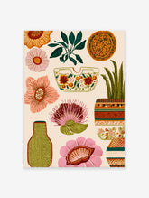 Vibrant botanical wall art illustration with various flowers, a potted succulent, and decorative elements on a light background.