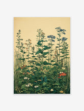 Vintage botanical wall art print featuring tall green plants and multi-color flowers on a textured yellow background.