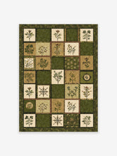 Vintage botanical wall art print with a grid of green plant illustrations and patterned squares in earth tones.