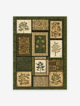 Vintage botanical wall art featuring a collage of green and brown plant illustrations and patterns on beige, with a dark green border.