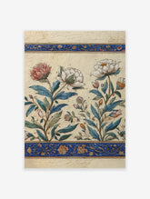 Vintage botanical wall art print with white and pink peony flowers, blue leaves, and ornate blue and gold decorative borders.