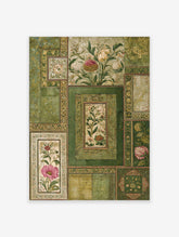 Vintage botanical wall art print with green patchwork design and various pink and yellow floral illustrations in decorative borders