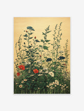 Botanical wall art featuring a vintage illustration of red, white, and blue wildflowers and green plants on a light background.