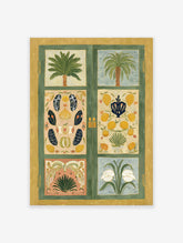 Multi-panel botanical wall art painting featuring palm trees, lemons, peaches, leaves, and white flowers in a green and yellow frame.