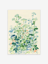 Green and blue wildflower botanical illustration art print with orange accents on a light background, showcasing a field of plants.