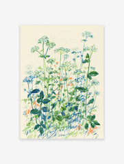 Green and blue wildflower botanical illustration art print with orange accents on a light background, showcasing a field of plants.