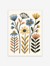 Botanical wildflower art print with blue, yellow and peach flowers on tall black stems against a cream background