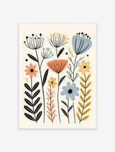 Botanical wildflower art print with blue, orange and yellow flowers on cream background