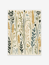 Botanical wildflower meadow art print with green, ochre, and blue stems on cream background