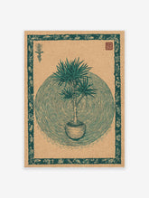 Botanical poster featuring a green yucca plant illustration in a pot on an earthy background with a decorative border.