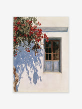 Watercolour painting of a window on a white wall with red bougainvillea flowers and blue shadows