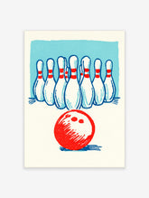 Retro bowling print with red ball and white pins with red stripes on light blue background