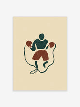 Minimalist boxer skipping rope poster in dark green and rust red on cream background