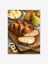 Watercolor illustration of a braided bread loaf, sliced bread with butter, pears, honey, and lemon peel on a wooden board