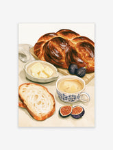 Watercolour illustration of braided bread, figs, butter, and coffee on a light background