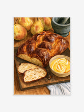 Watercolour illustration of braided bread, sliced loaf, and pears on a wooden board, with a bowl of honey