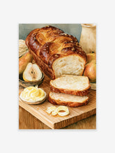 Watercolour illustration of a loaf of braided bread, sliced bread, pears, and butter on a wooden board