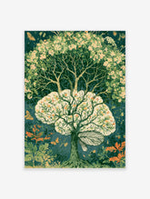Surreal brain tree art print with green leaves, orange flowers, and butterflies on a dark teal background