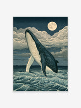 Humpback whale breaching from ocean waves under a full moon in a Japanese-style illustrative blue and cream wall art print