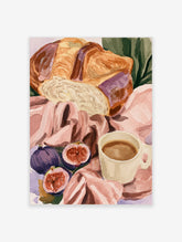 Watercolour illustration of bread, halved figs, and coffee on a pink cloth for kitchen wall art