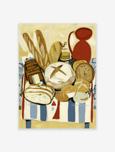 Bread still life art print with baguettes, round loaves, red jug on striped cloth