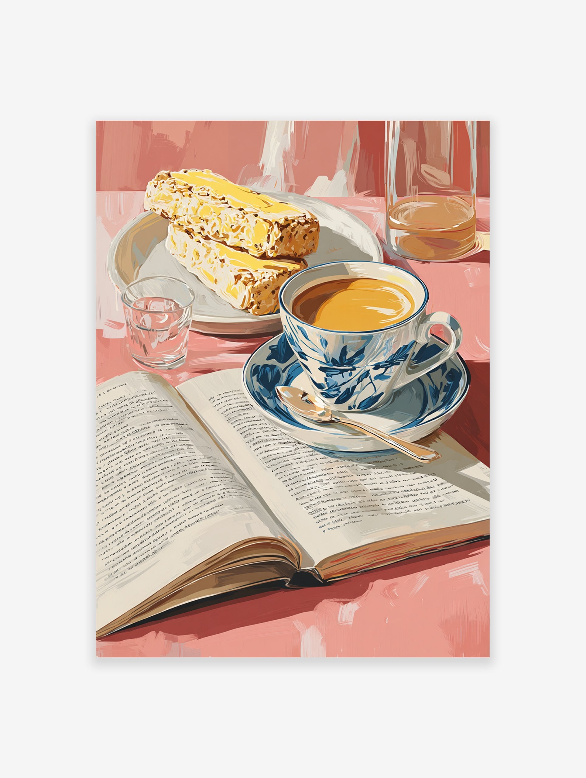Breakfast still life poster featuring a cup of coffee, an open book, pastries, and a glass of water on a pink table.