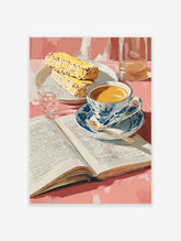 Breakfast still life poster featuring a cup of coffee, an open book, pastries, and a glass of water on a pink table.