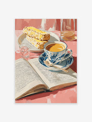 Breakfast still life poster featuring a cup of coffee, an open book, pastries, and a glass of water on a pink table.