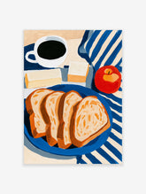 Still life illustration of sliced bread on a blue plate, coffee, butter, and a red apple on blue striped cloth