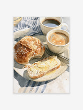 Watercolor still life painting of bread, buttered toast, and coffee on a blue striped cloth, kitchen wall art print