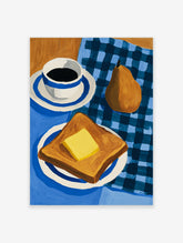 Still life art print of coffee, pear, and buttered toast on a blue gingham tablecloth