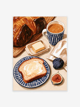 Breakfast still life art print with a croissant, coffee, toast, and figs in a watercolour illustration style