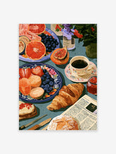 Still life breakfast illustration with fruit, croissant, and coffee on a blue table, vibrant painterly style wall art