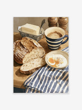 Watercolour breakfast still life art print with sliced bread, soft-boiled eggs, butter, and a striped coffee mug