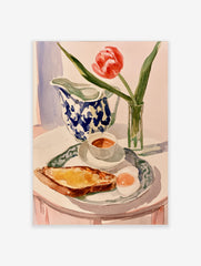 Watercolor painting of a breakfast table with a red tulip, blue-and-white jug, toast, and egg on a white background