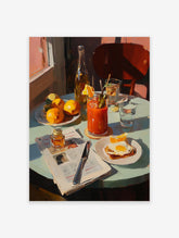 Breakfast table poster with a Bloody Mary, fried egg, oranges, and newspaper in an impressionistic painting style.