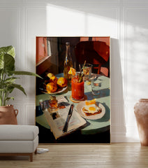 Breakfast table poster with a Bloody Mary, fried egg, oranges, and newspaper in an impressionistic painting style. - Image 3