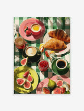 Vibrant breakfast wall art illustration with croissants, figs, coffee, egg, and jam on a green checkered tablecloth.