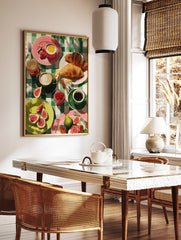 Vibrant breakfast wall art illustration with croissants, figs, coffee, egg, and jam on a green checkered tablecloth. - Image 2