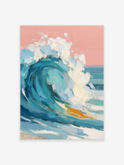 Textured impasto painting of a large breaking ocean wave with blue water, white foam, and a pink sky