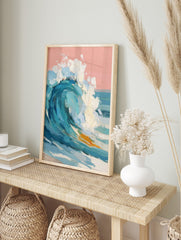 Textured impasto painting of a large breaking ocean wave with blue water, white foam, and a, in an alternate framed mockup