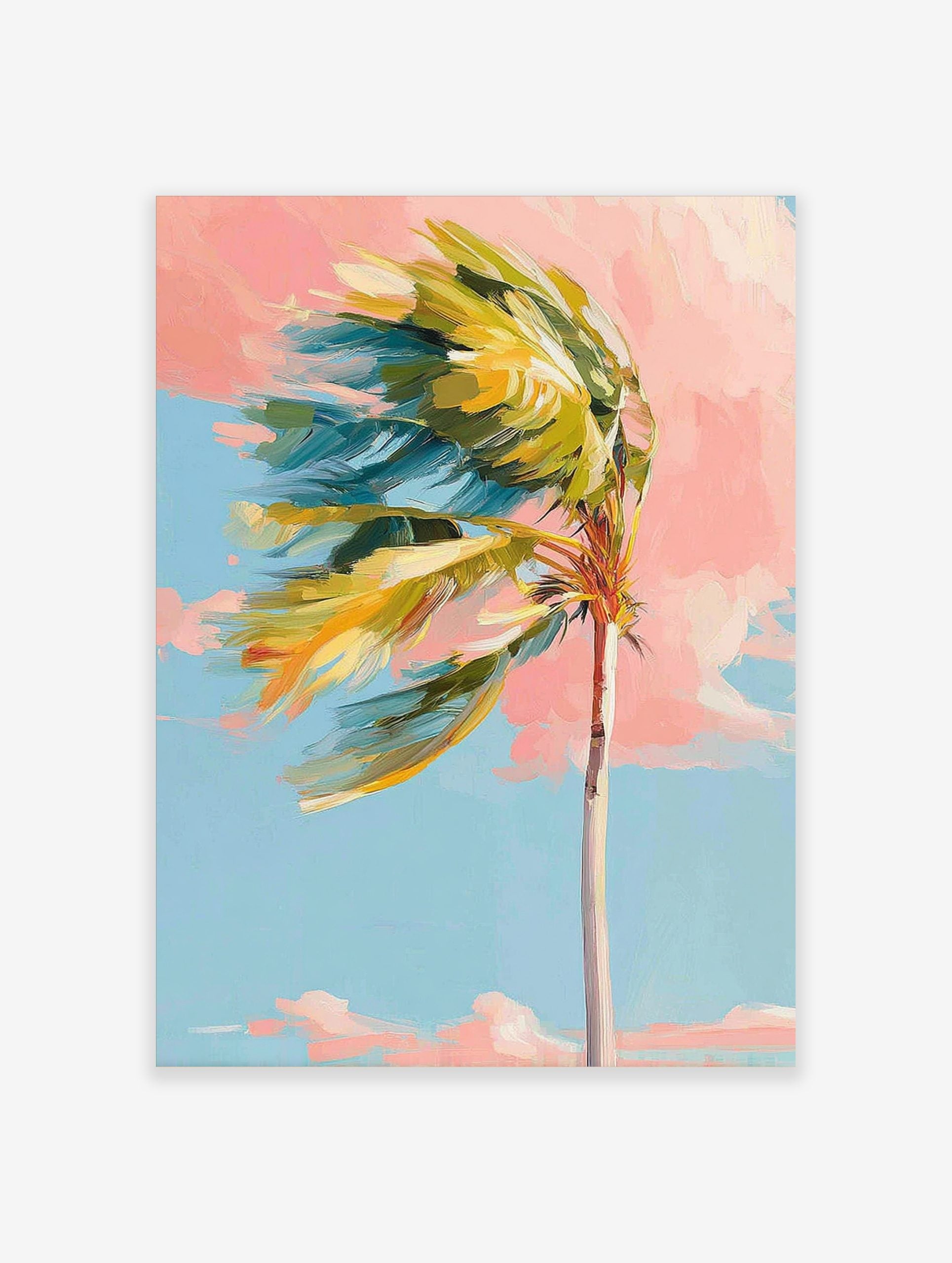 Impressionistic palm tree with green and yellow leaves blowing left against a pink and blue sky