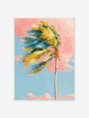 Impressionistic palm tree with green and yellow leaves blowing left against a pink and blue sky