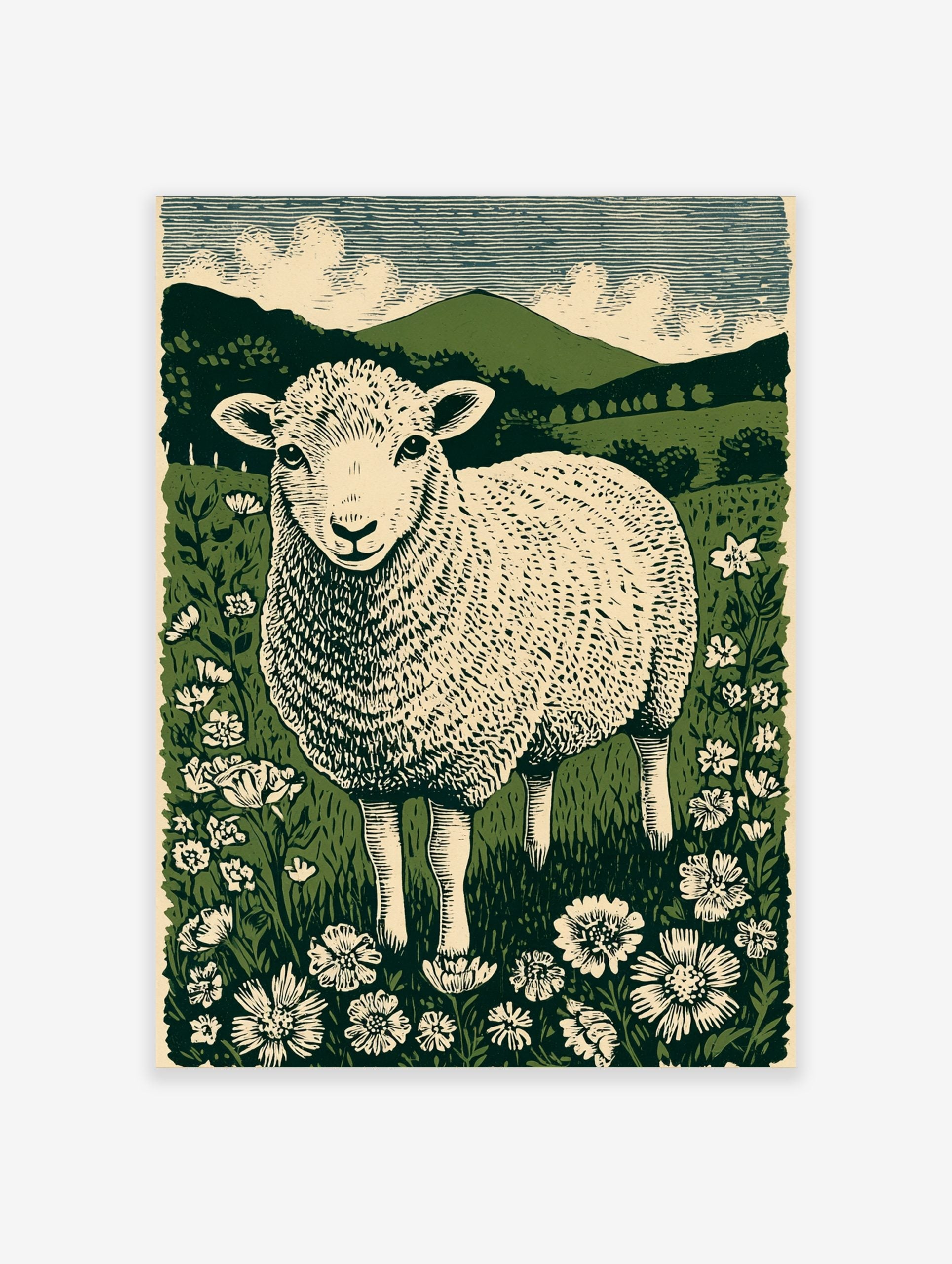 Illustrative British lamb in a wildflower meadow with green hills and striped sky in linocut style
