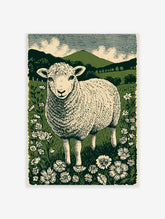 Illustrative British lamb in a wildflower meadow with green hills and striped sky in linocut style