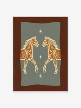 Symmetrical brown horse art print with two facing horses, cream line details, and starburst motifs on teal