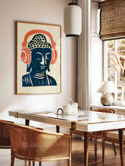 Stylized Buddha head illustration wearing large coral headphones on a cream background, modern, in a styled room mockup