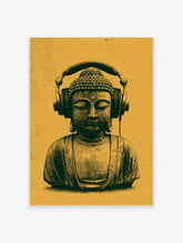 Buddha bust wearing large headphones on a mustard yellow background, illustrative digital wall art print