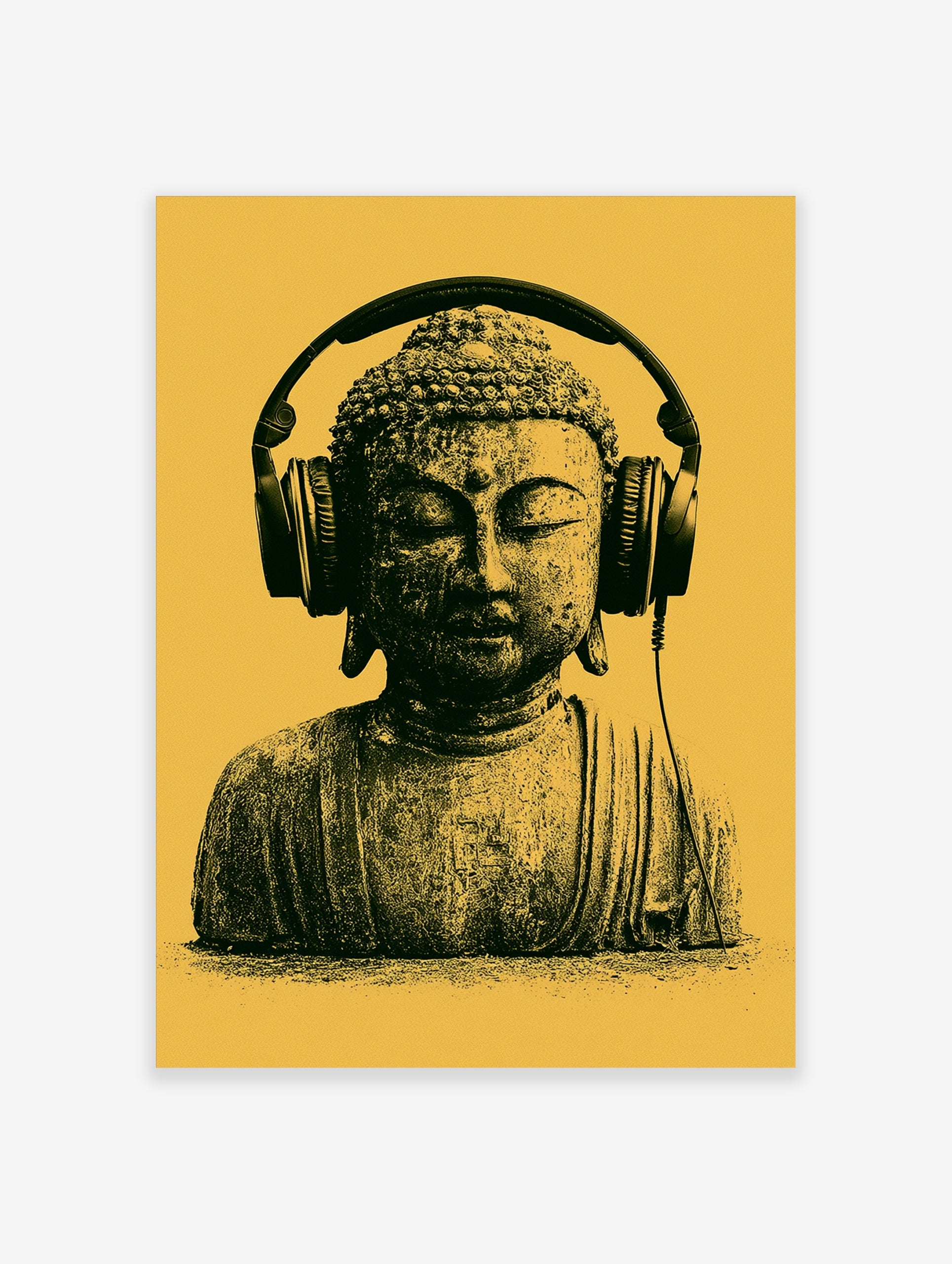 Buddha statue wearing over-ear headphones against a yellow background, modern graphic wall art print