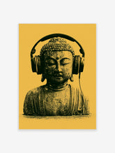 Buddha statue wearing over-ear headphones against a yellow background, modern graphic wall art print